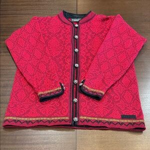 Dale of Norway Elegant Red Tonal Pattern w/ Black Trim Cardigan 100% Wool Sz M